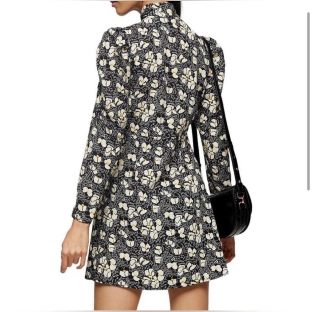 Topshop Tie Neck Floral Print Long Sleeve Mini Dress - Size 6 - Picture 2 of 8